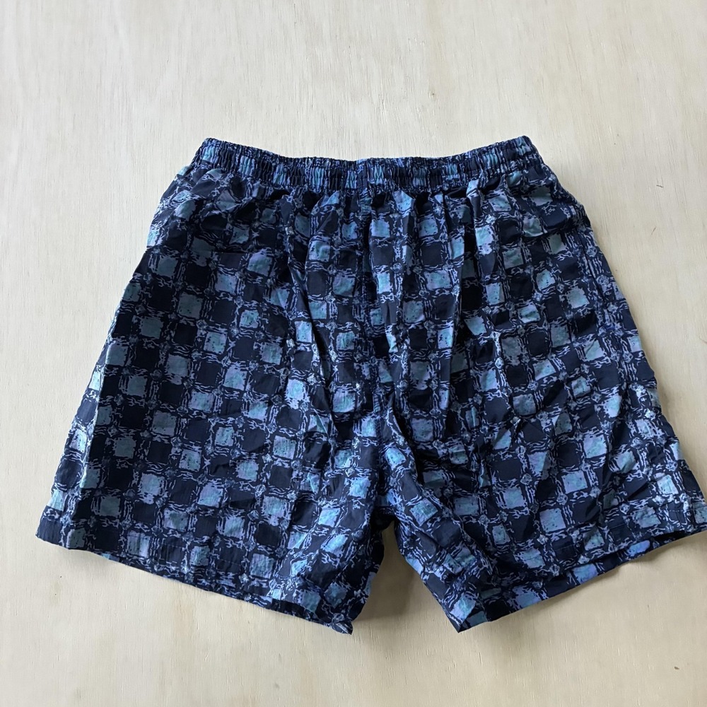 Vintage Basic Editions Swim Shorts Mens Large Blue Geometric Lined Trunks Beach